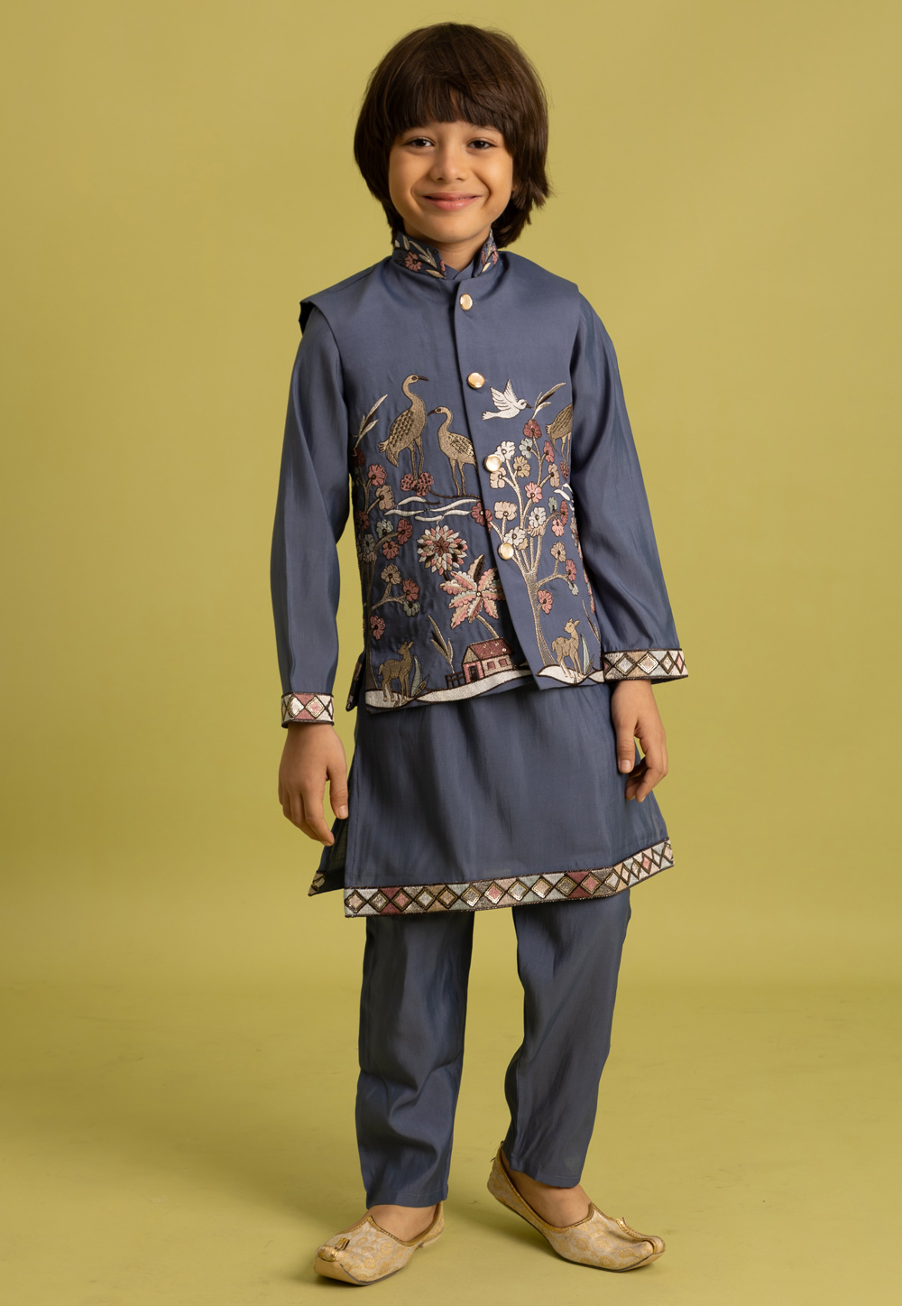 Grey Viscose Kids Kurta Pajama With Jacket 316868