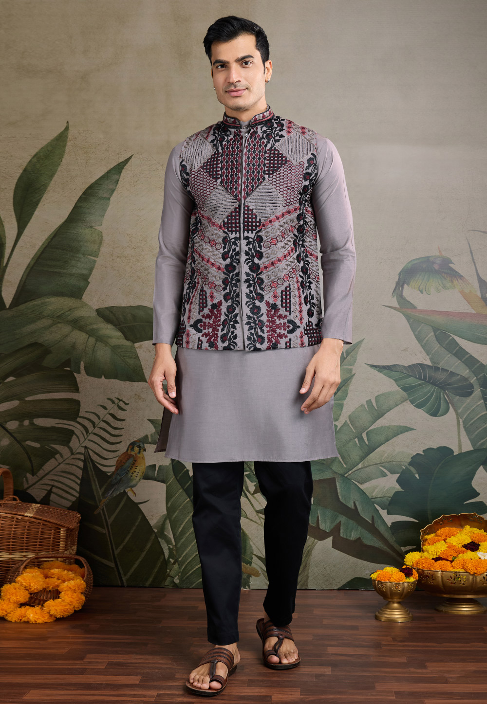 Grey Viscose Kurta Pajama With Jacket 311689