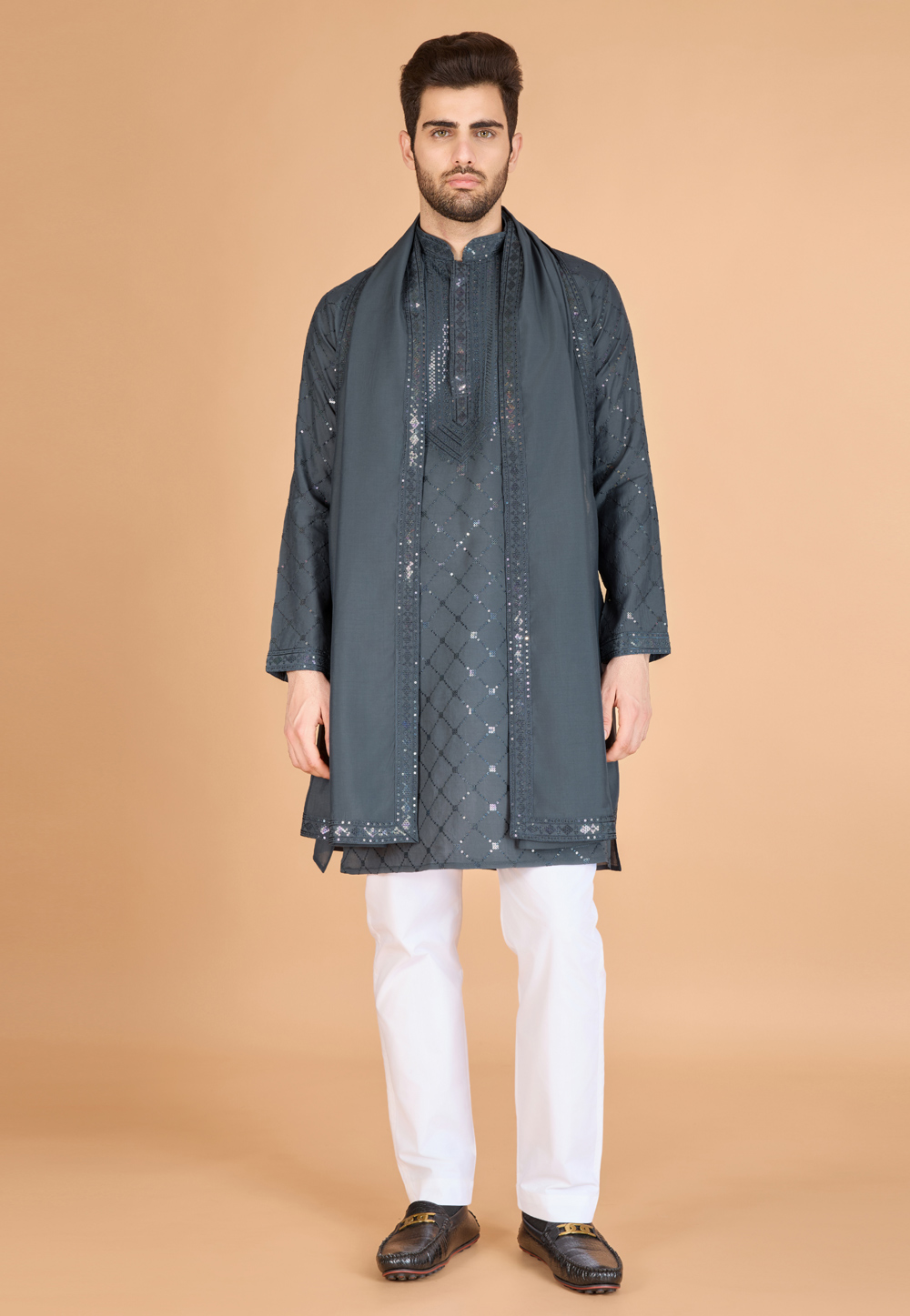 Grey Viscose Kurta Pajama With Stole 311709