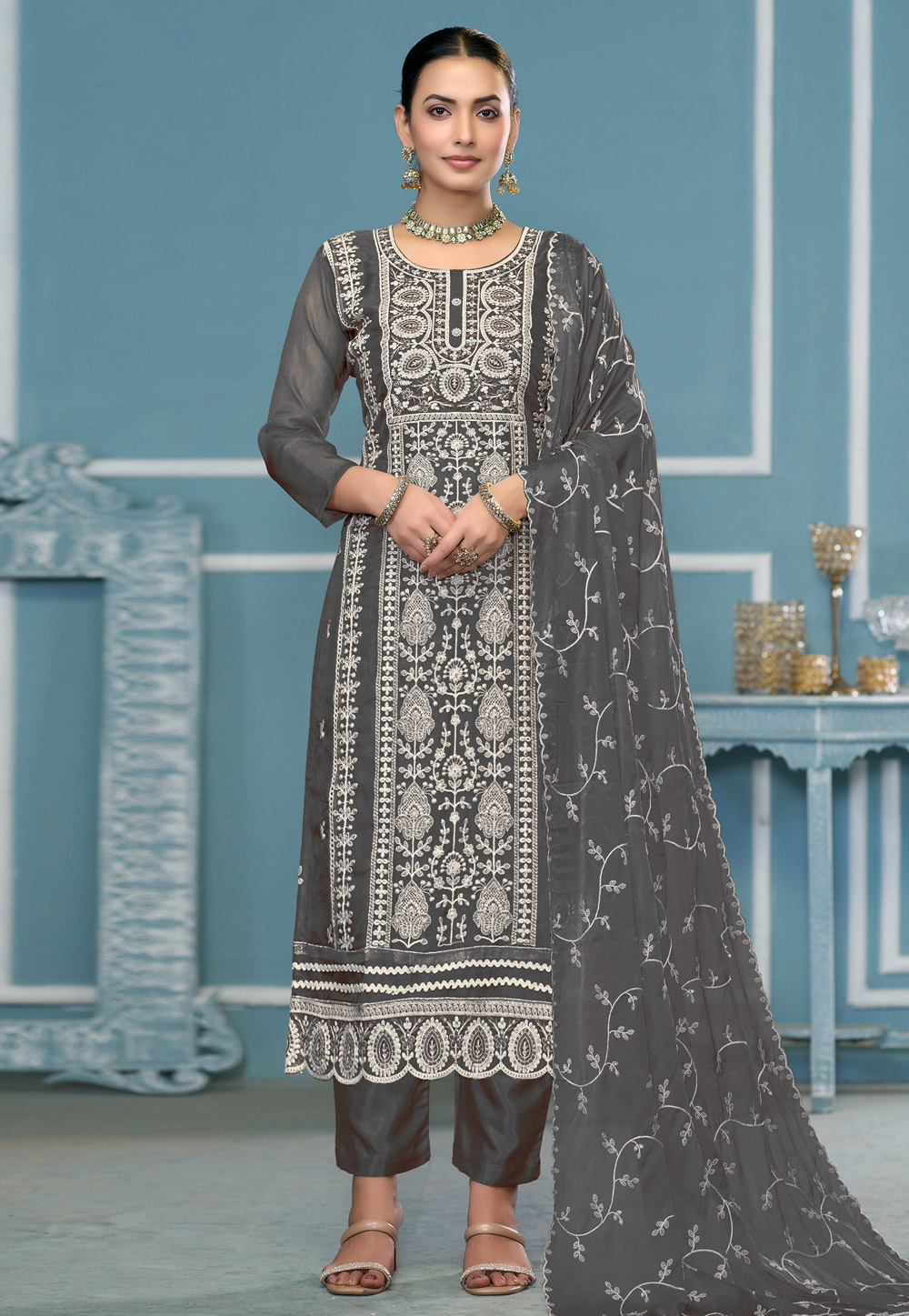 Grey Viscose Pakistani Suit 306836