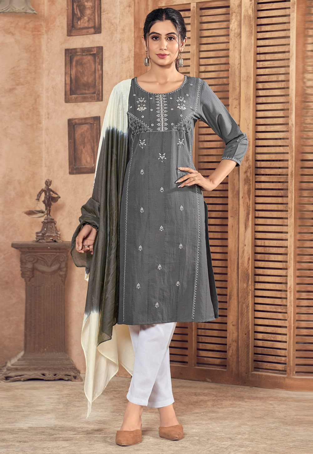 Grey Viscose Readymade Pakistani Suit 281037