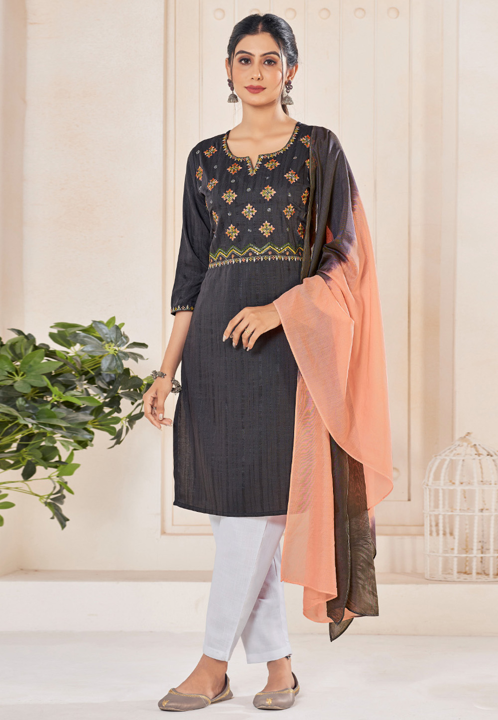 Grey Viscose Readymade Pant Style Suit 281922