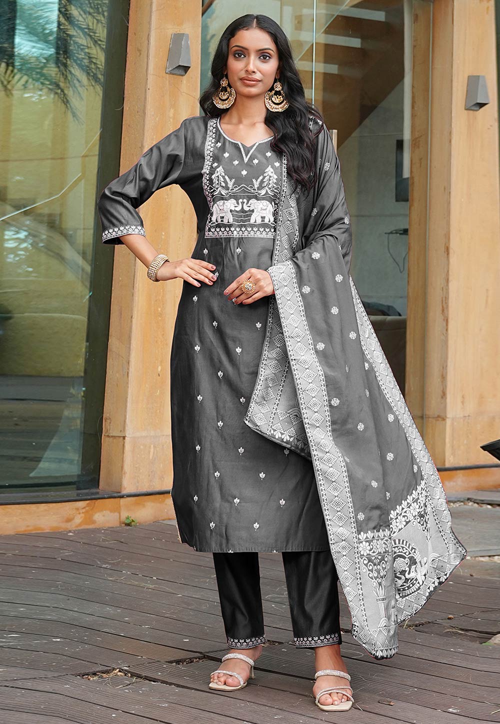 Grey Viscose Readymade Pant Style Suit 321719