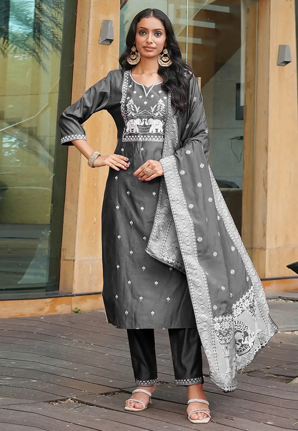 Grey Viscose Readymade Pant Style Suit 321719