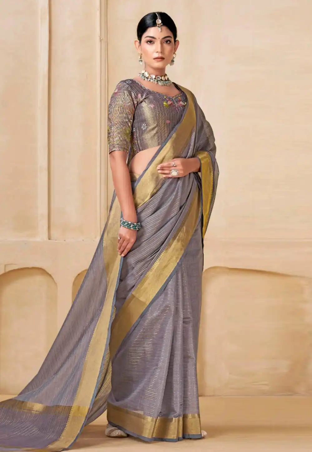 Grey Viscose Saree With Blouse 313202