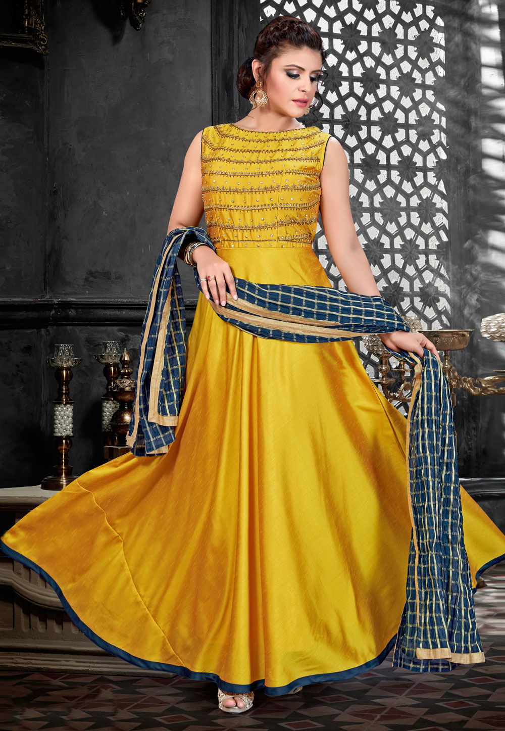 Yellow Silk Readymade Ankle Length Anarkali Suit 175526