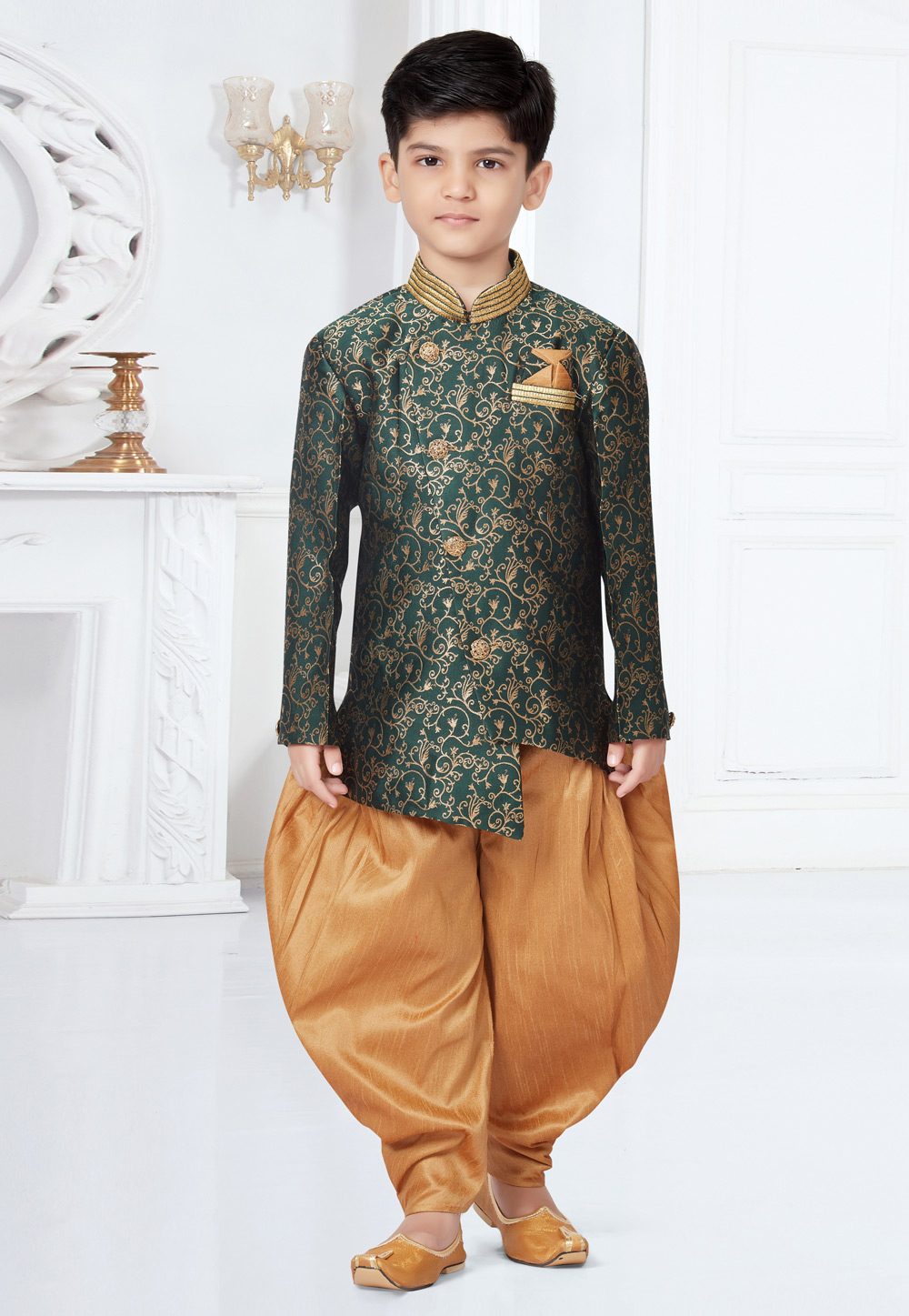 Green Banarasi Jacquard Kids Indo Western Suit 252138
