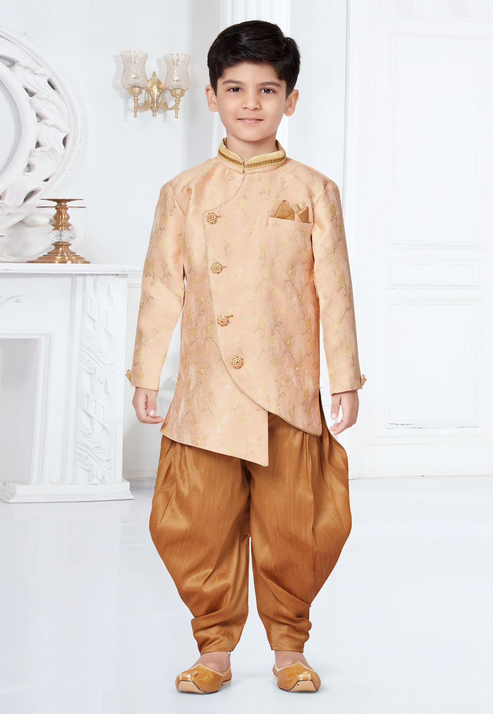 Peach Jecquard Kids Indo Western Suit 252139