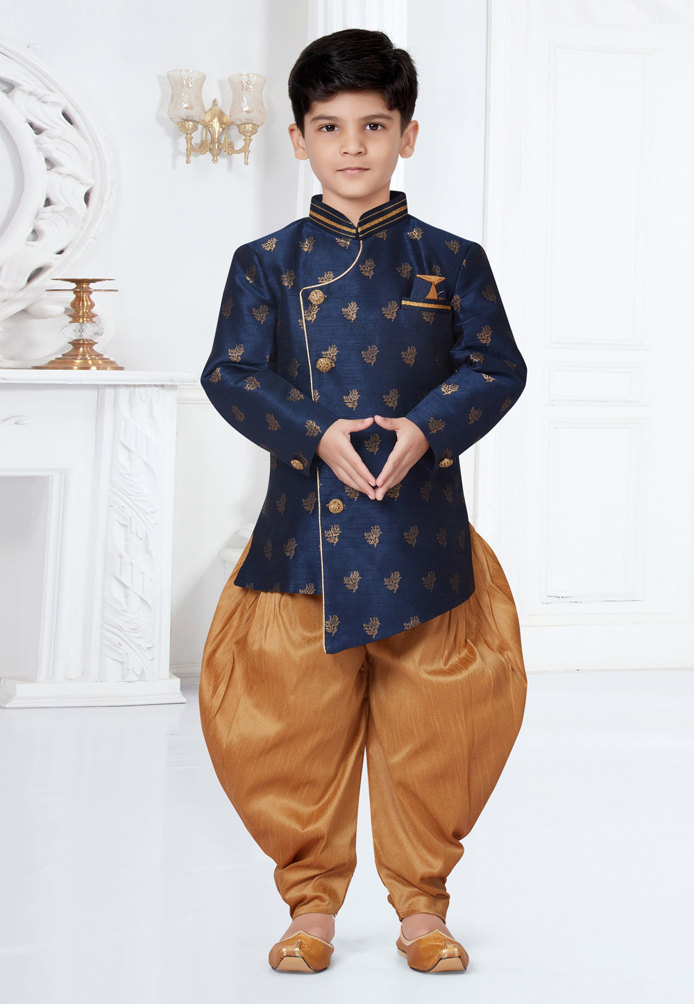 Navy Blue Jecquard Kids Indo Western Suit 252141