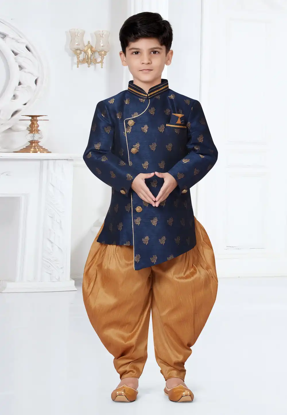 Navy Blue Jecquard Kids Indo Western Suit 252141