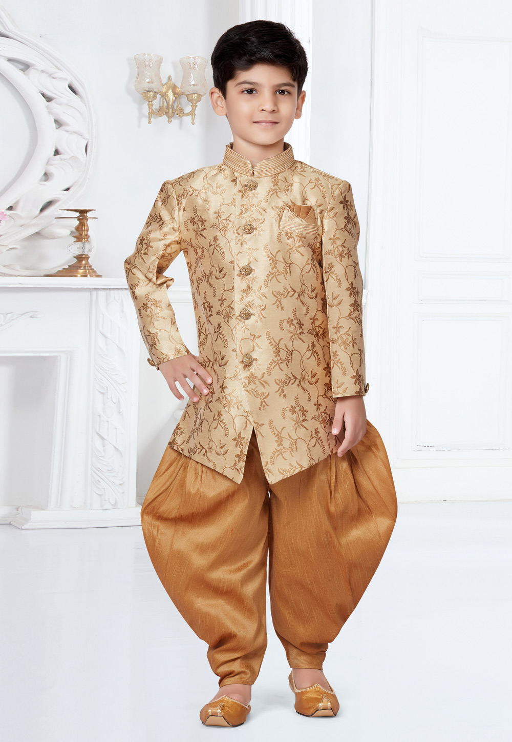 Beige Jecquard Kids Indo Western Suit 252142