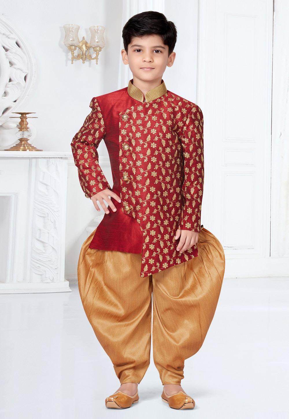 Maroon Silk Kids Indo Western Suit 252144
