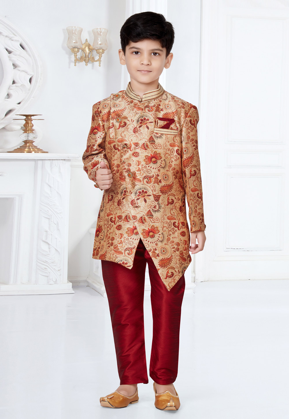 Beige Jecquard Kids Indo Western Suit 252145