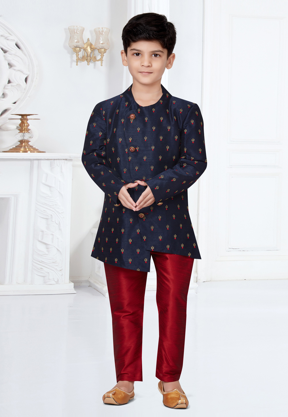 Navy Blue Silk Kids Indo Western Suit 252146