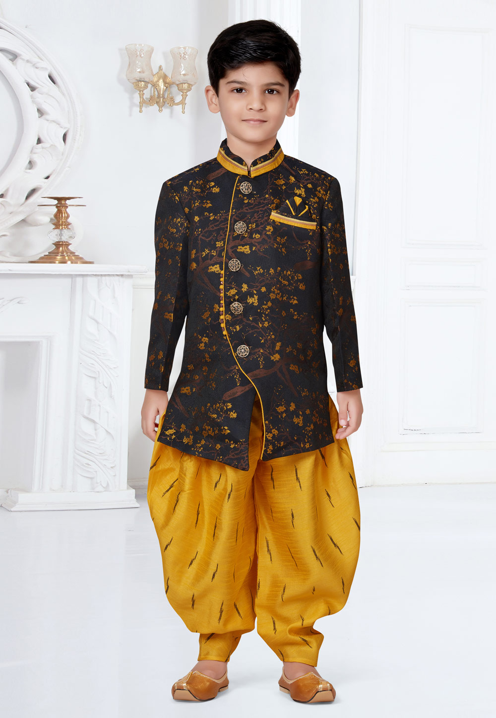 Black Jecquard Kids Indo Western Suit 252154