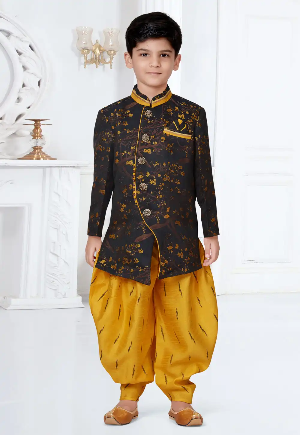 Black Jecquard Kids Indo Western Suit 252154