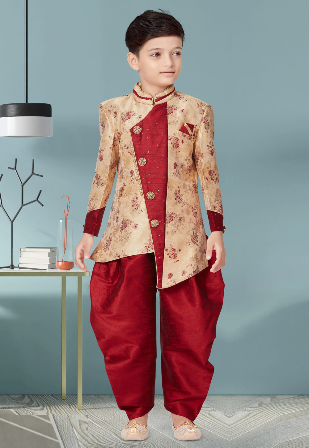 Beige Jecquard Kids Indo Western Suit 252155