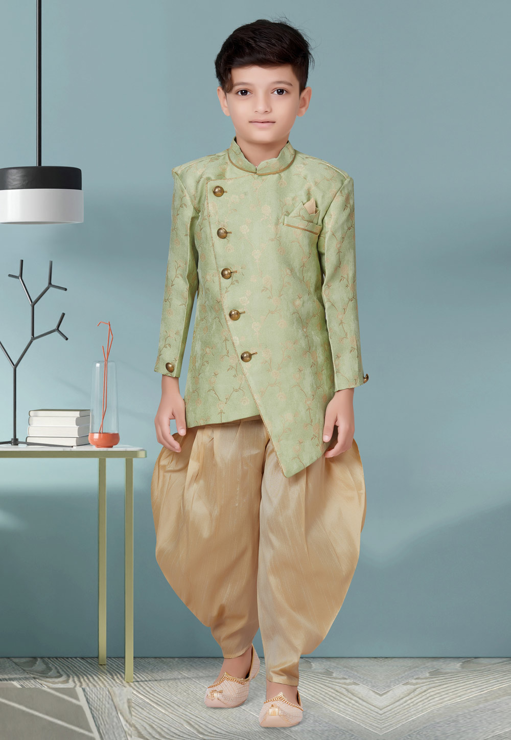 Sea Green Jecquard Kids Indo Western Suit 252158