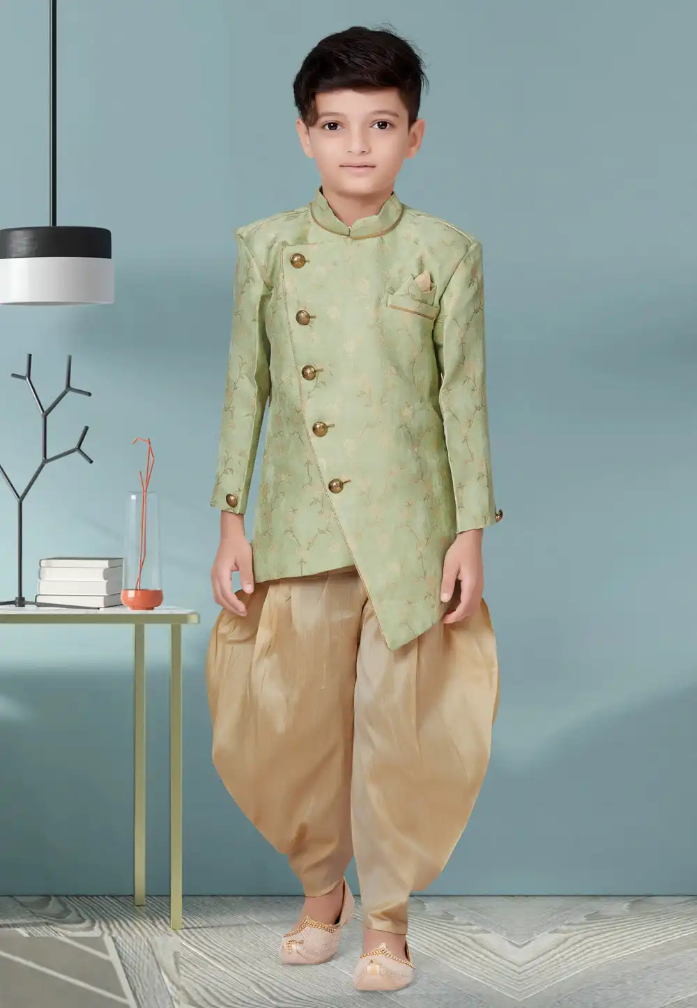 Sea Green Jecquard Kids Indo Western Suit 252158