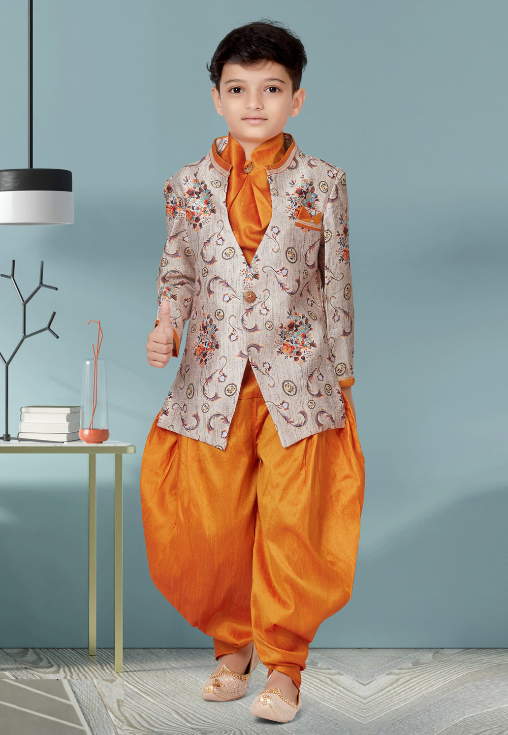 Off White Jecquard Kids Indo Western Suit 252159