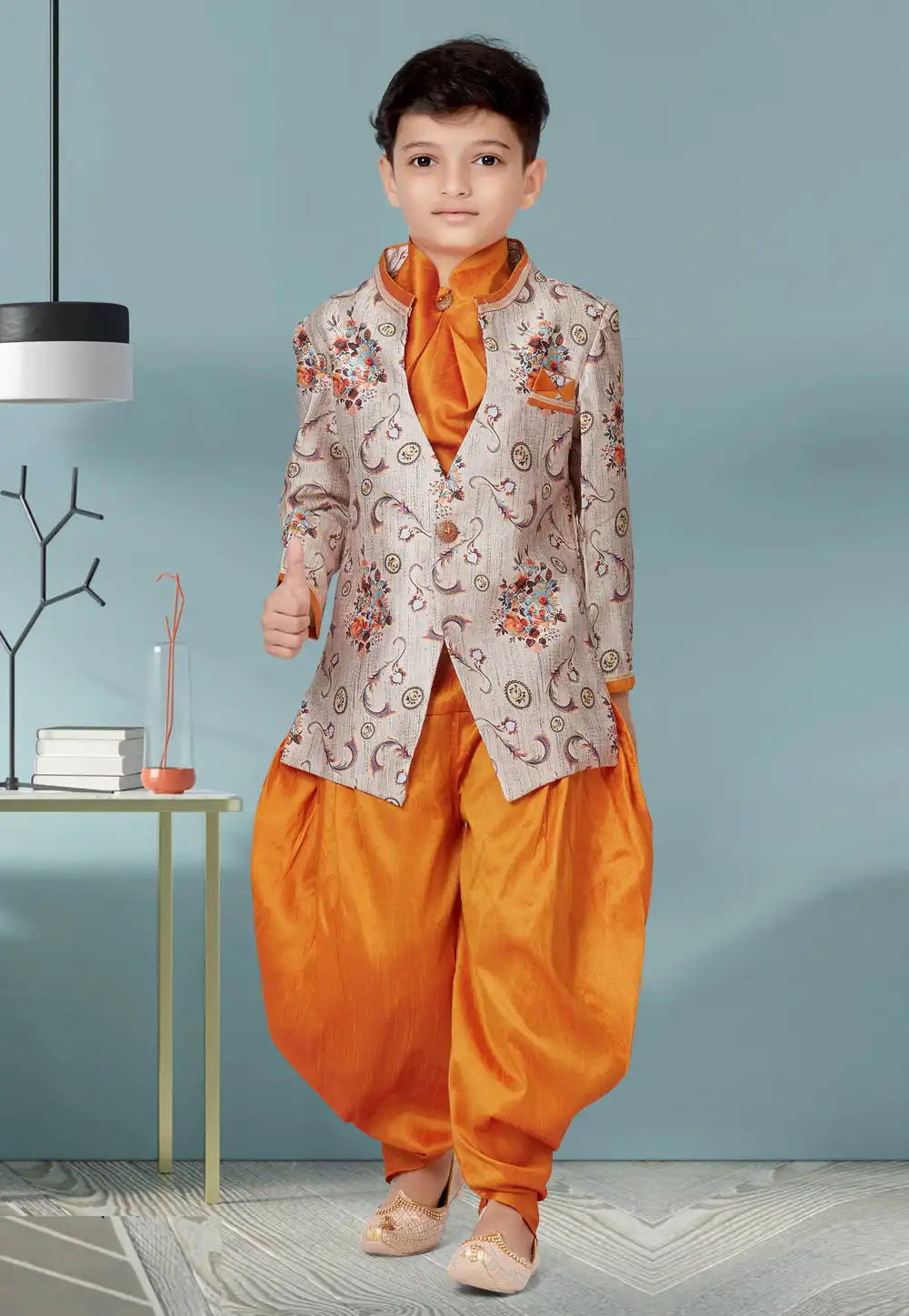 Off White Jecquard Kids Indo Western Suit 252159