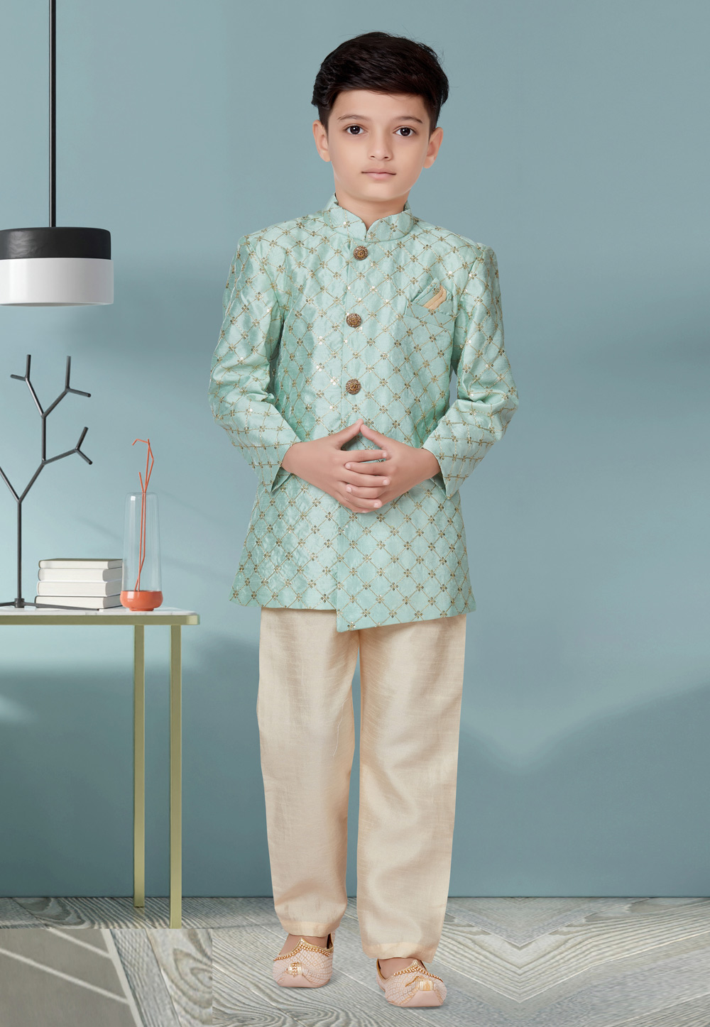 Sea Green Banarasi Silk Kids Indo Western Suit 252162