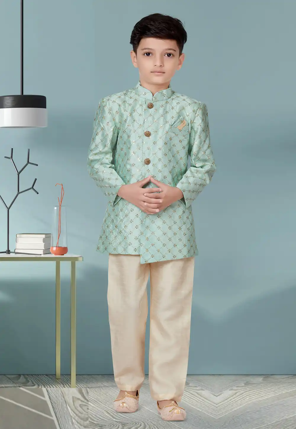 Sea Green Banarasi Silk Kids Indo Western Suit 252162