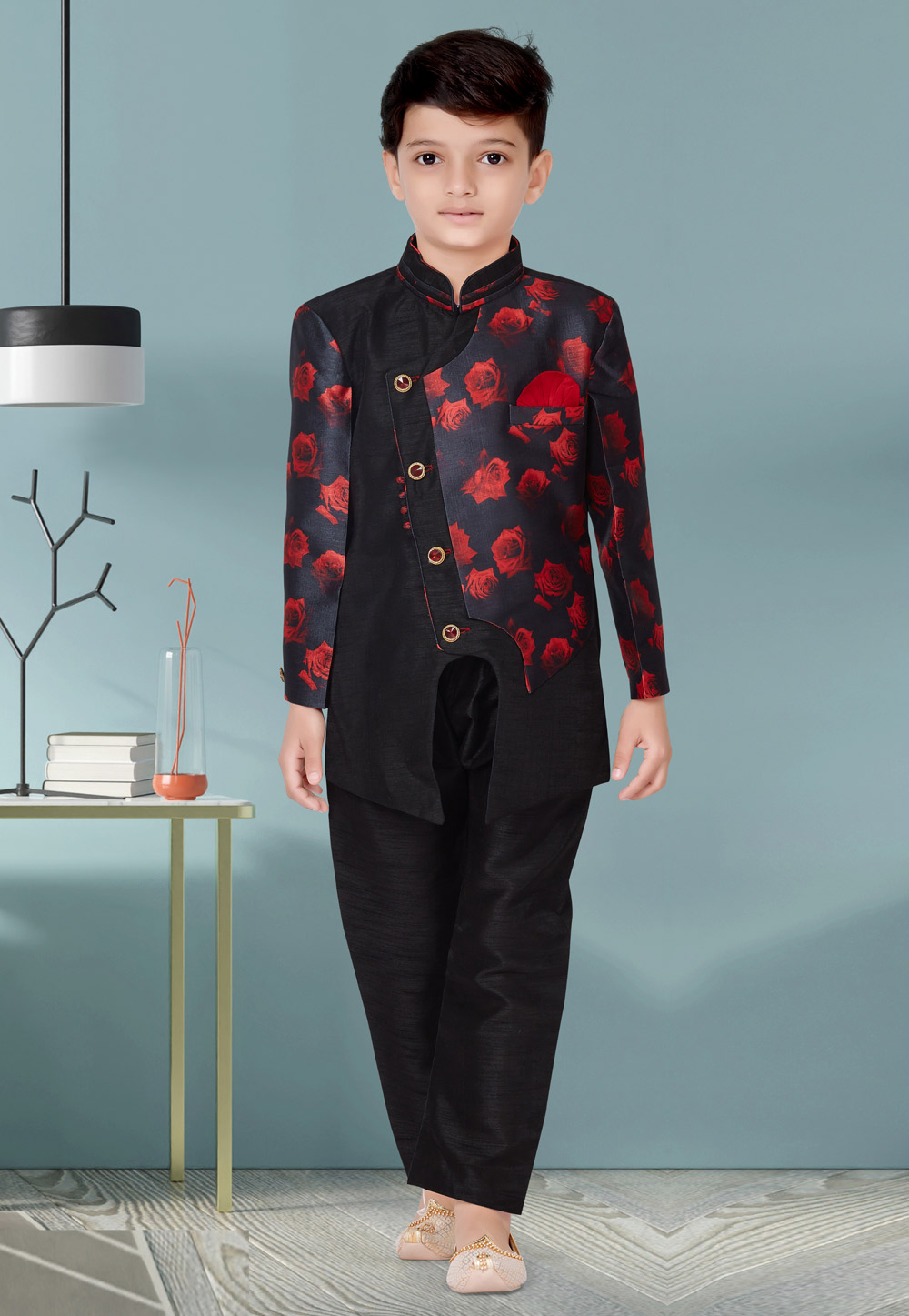 Black Jecquard Kids Indo Western Suit 252164