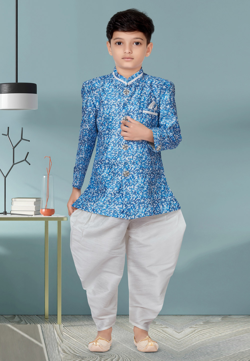 Light Blue Jecquard Kids Indo Western Suit 252166