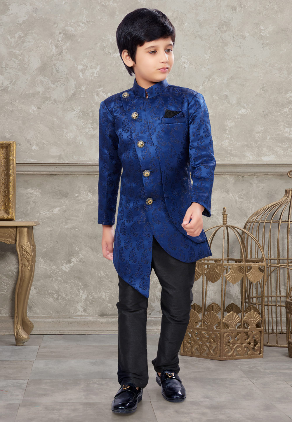 Navy Blue Jacquard Kids Indo Western Sherwani 270963