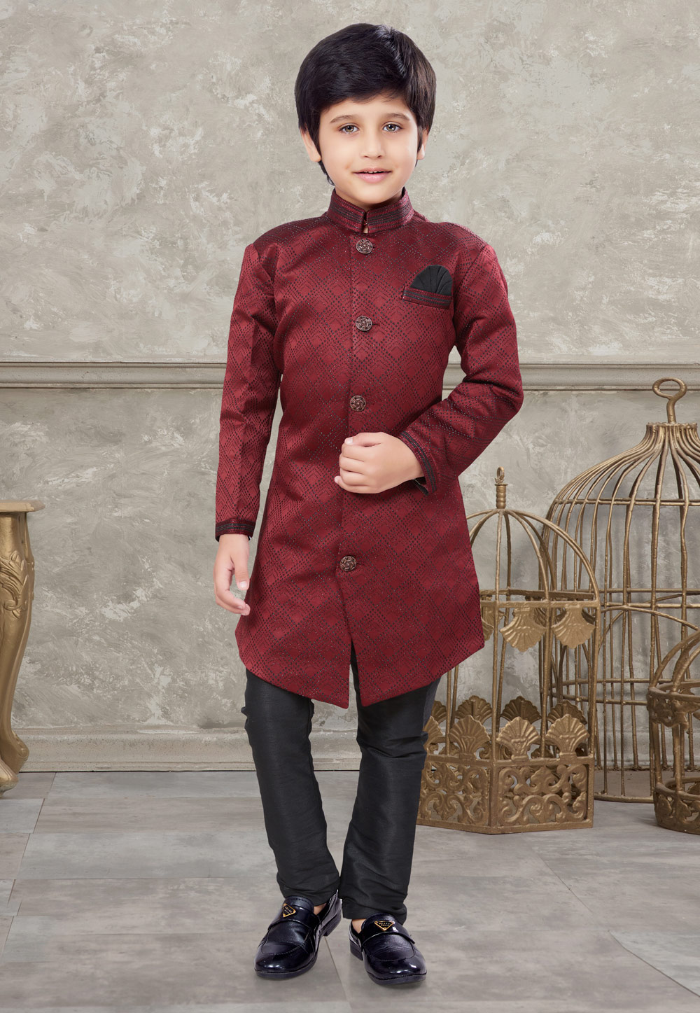 Maroon Jacquard Kids Indo Western Sherwani 270964