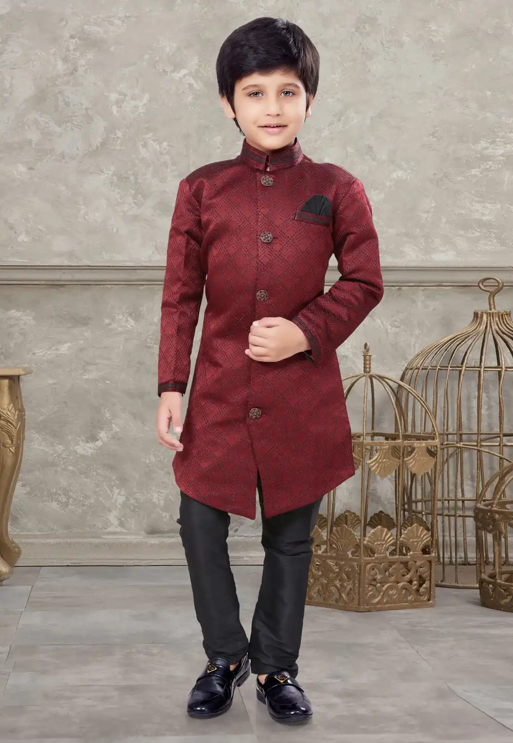 Maroon Jacquard Kids Indo Western Sherwani 270964