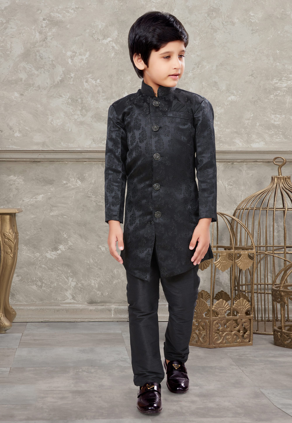Black Jacquard Kids Indo Western Sherwani 270965