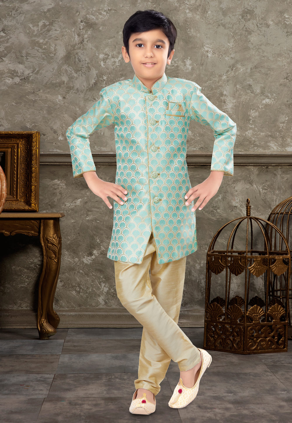 Beige Banarasi Jacquard Kids Indo Western Sherwani 270966
