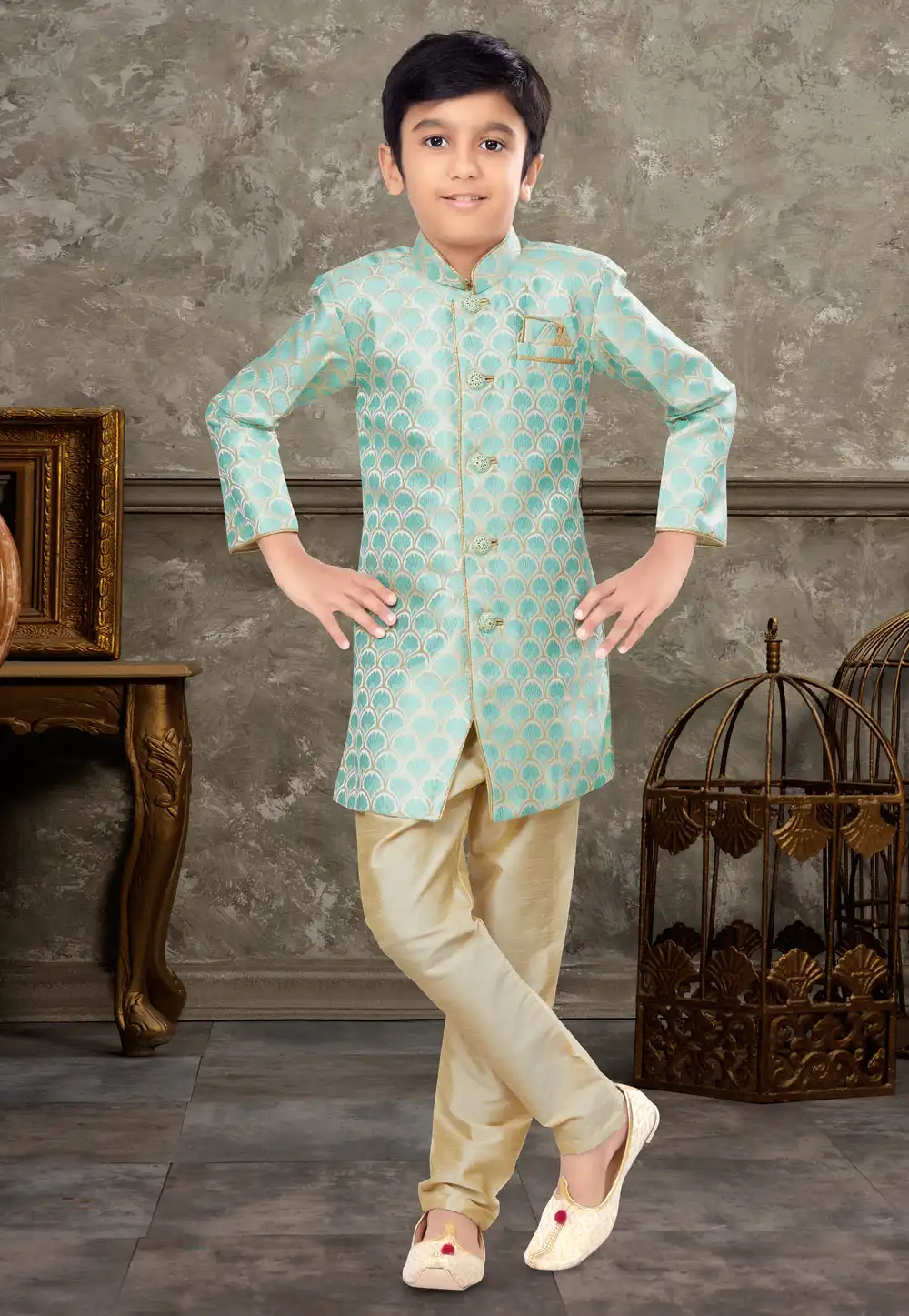 Beige Banarasi Jacquard Kids Indo Western Sherwani 270966