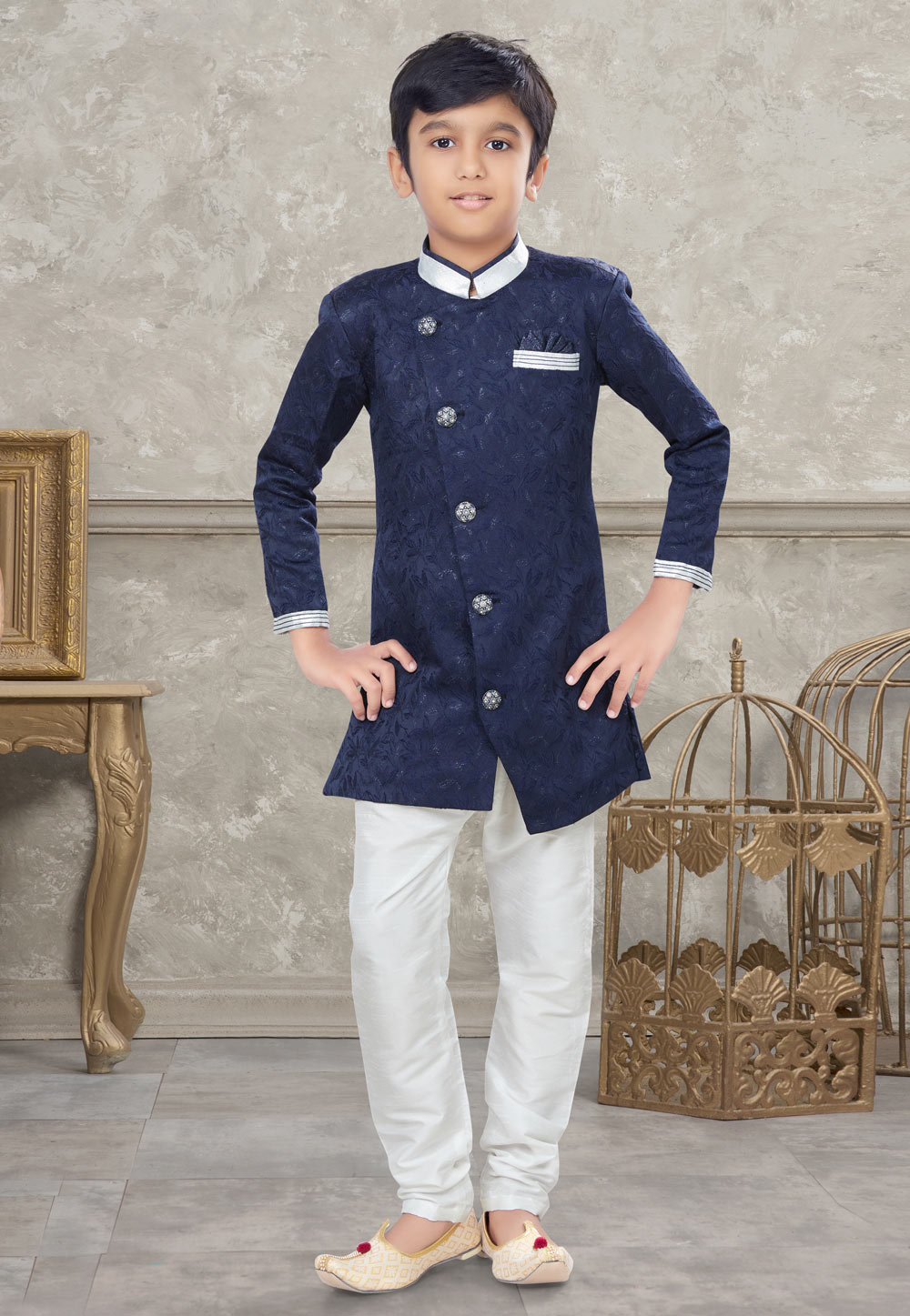 Navy Blue Jacquard Kids Indo Western Sherwani 270969