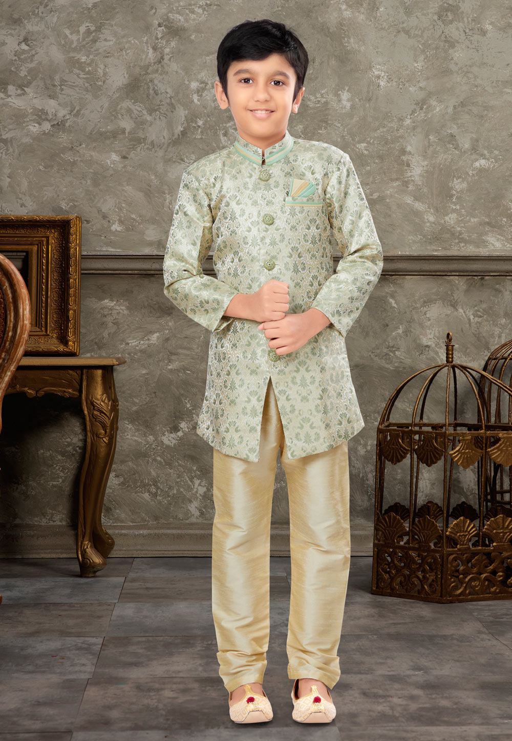 Cream Banarasi Jacquard Kids Indo Western Sherwani 270970