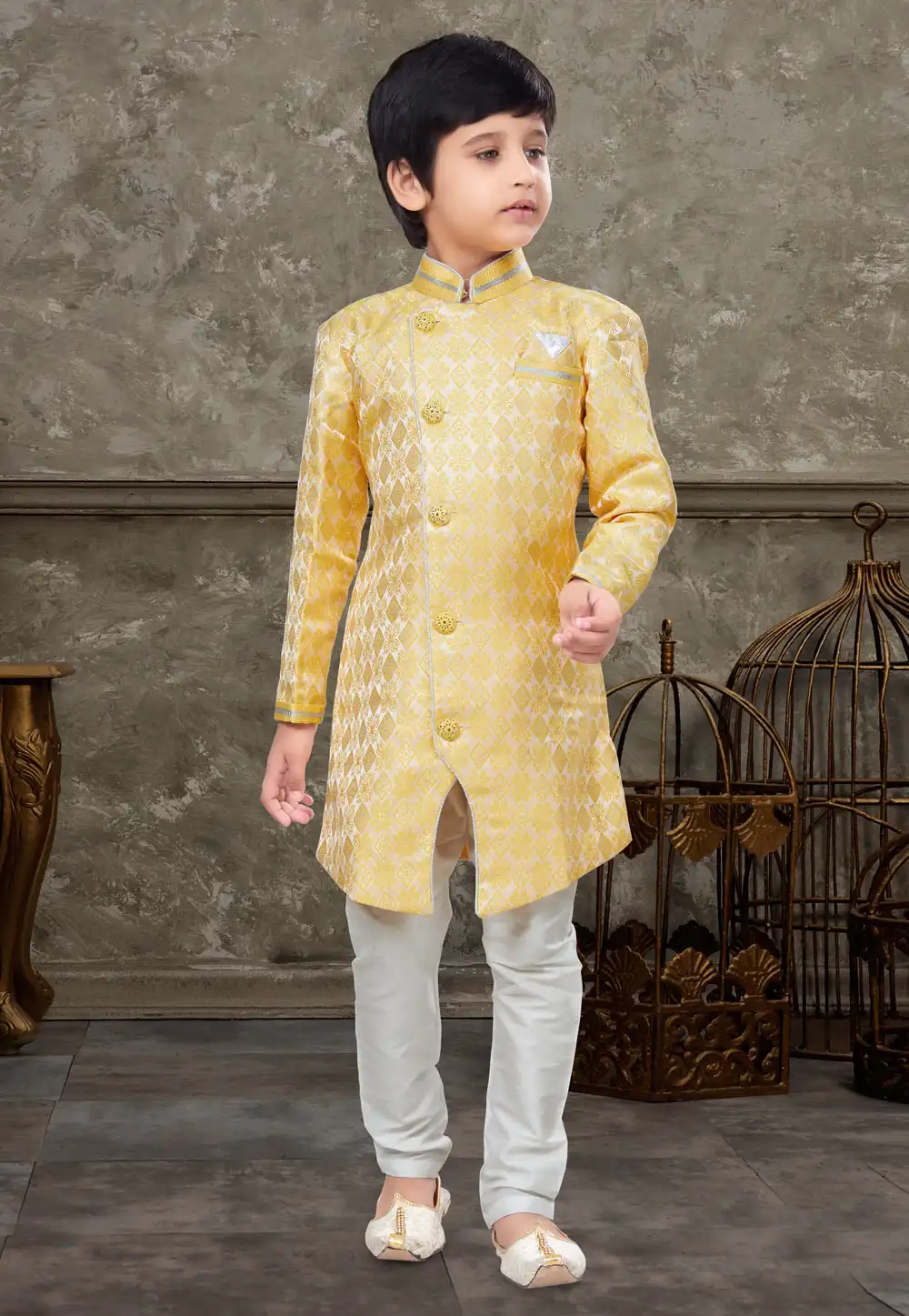 Yellow Banarasi Jacquard Kids Indo Western Sherwani 270971