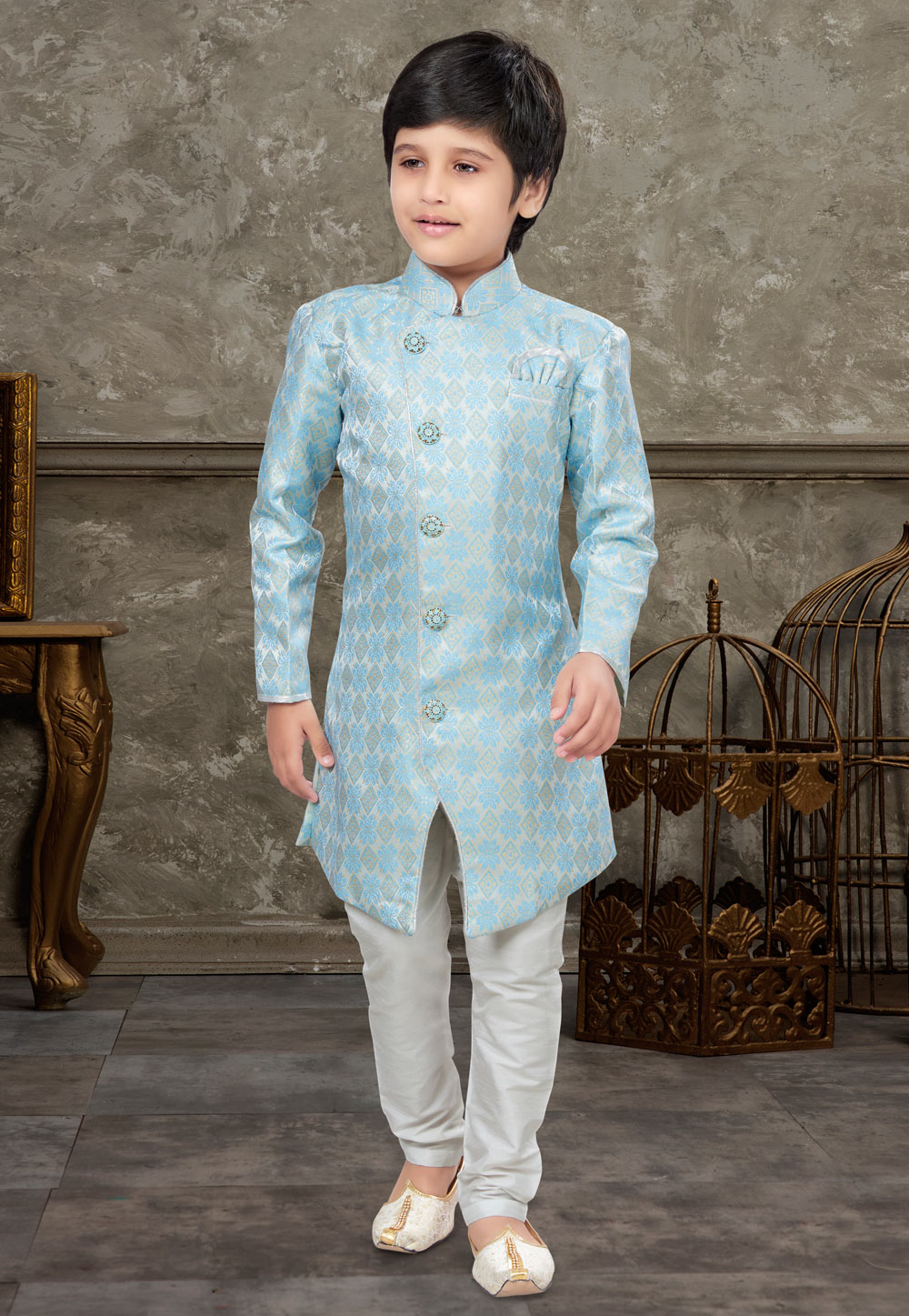 Sky Blue Banarasi Jacquard Kids Indo Western Sherwani 270972