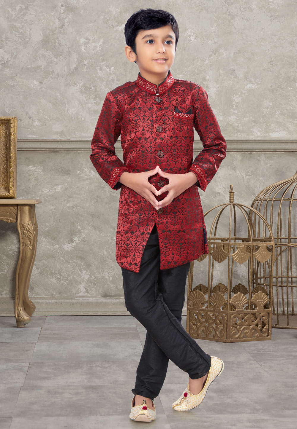 Maroon Jacquard Kids Indo Western Sherwani 270973