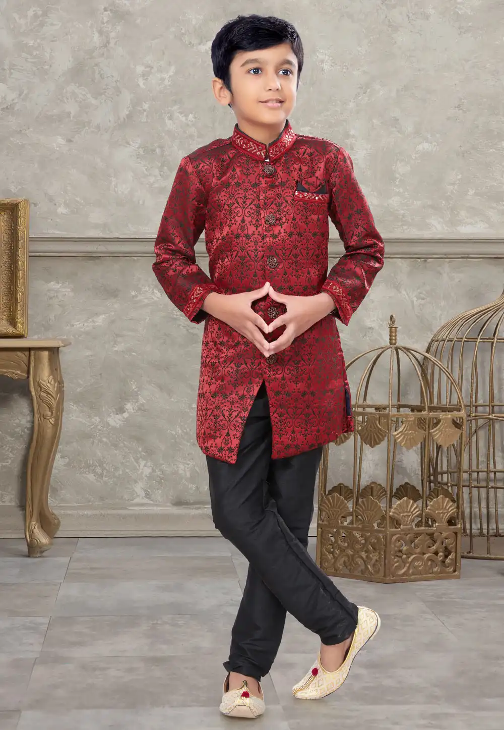 Maroon Jacquard Kids Indo Western Sherwani 270973