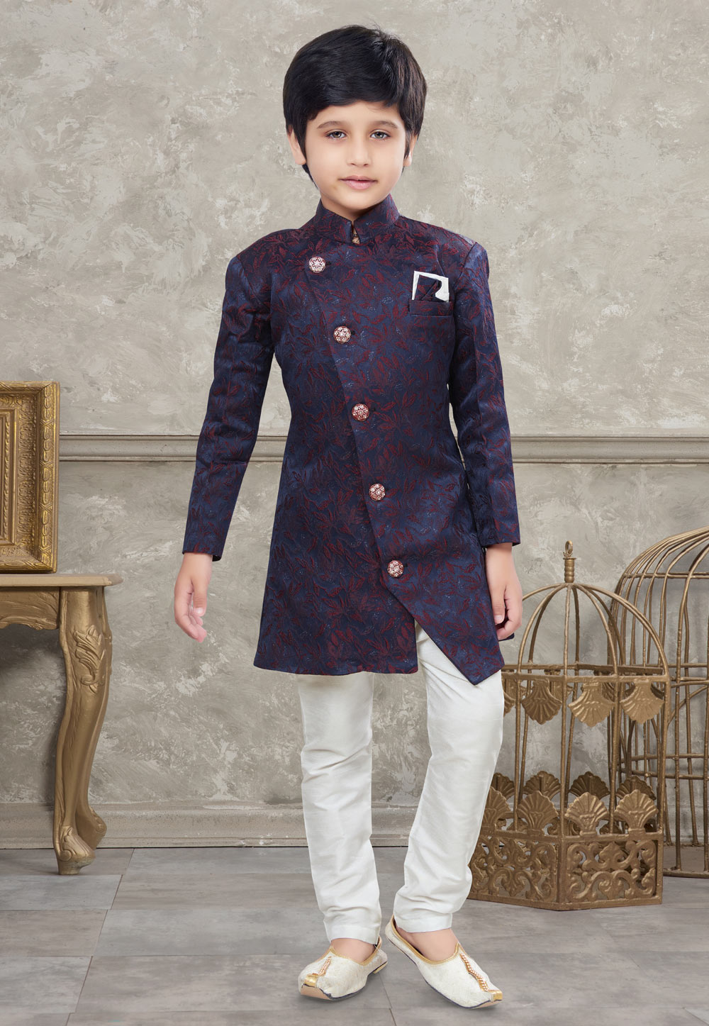 Navy Blue Jacquard Kids Indo Western Sherwani 270975