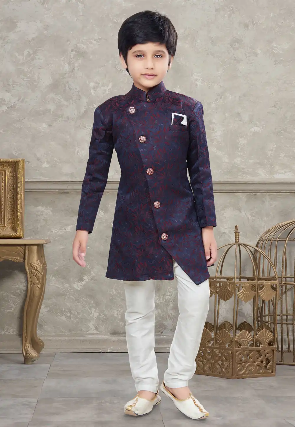Navy Blue Jacquard Kids Indo Western Sherwani 270975