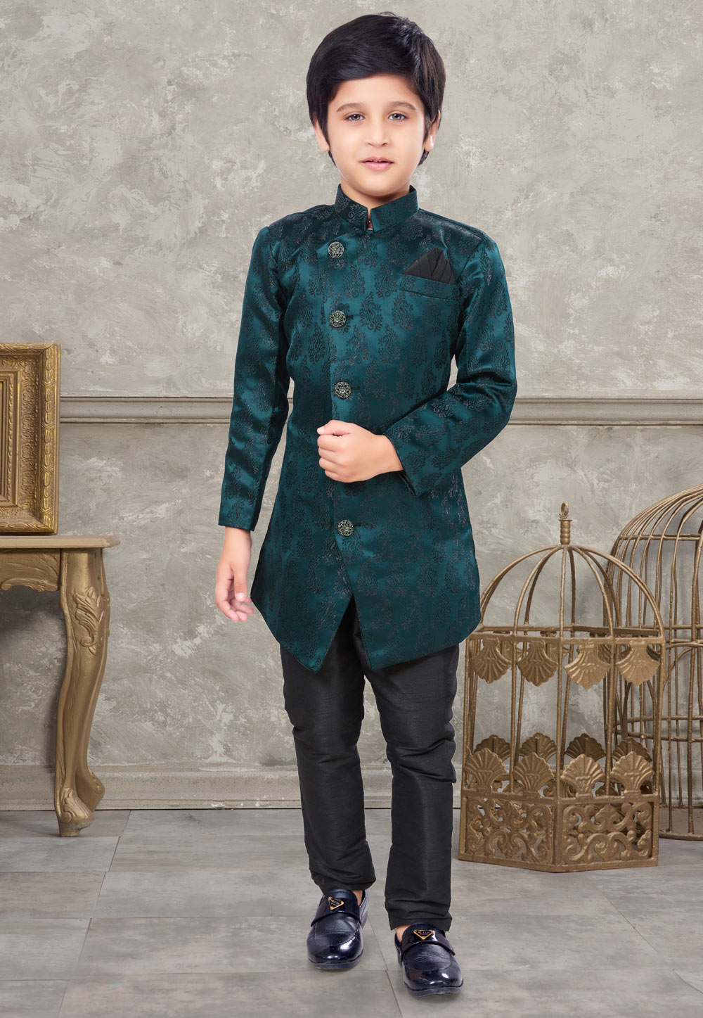 Teal Jacquard Kids Indo Western Sherwani 270976