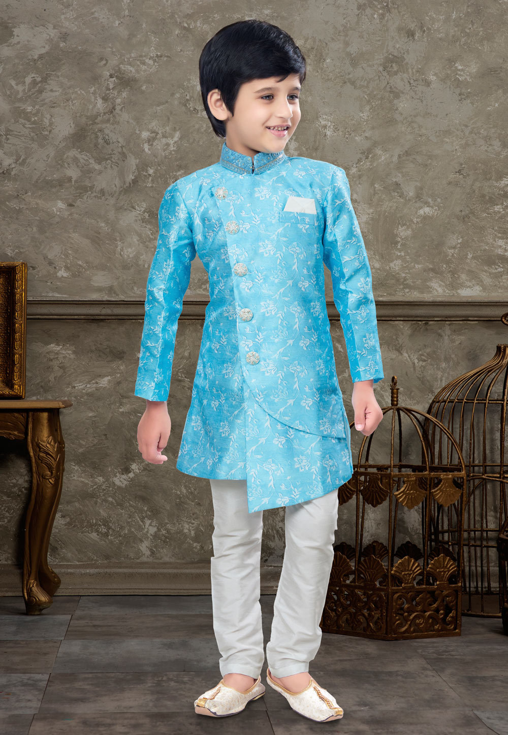 Sky Blue Banarasi Silk Kids Indo Western Sherwani 270979
