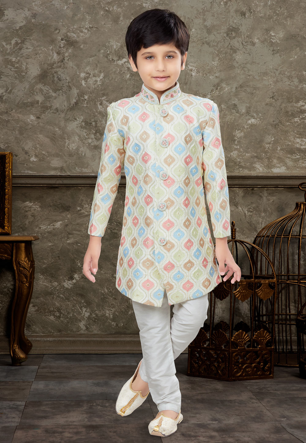 Cream Art Silk Kids Indo Western Sherwani 270982