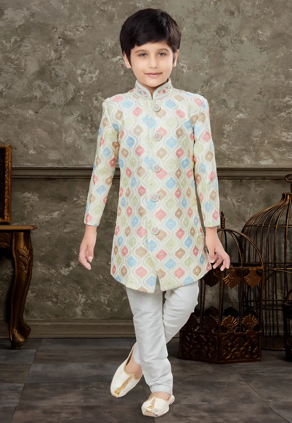 Cream Art Silk Kids Indo Western Sherwani 270982