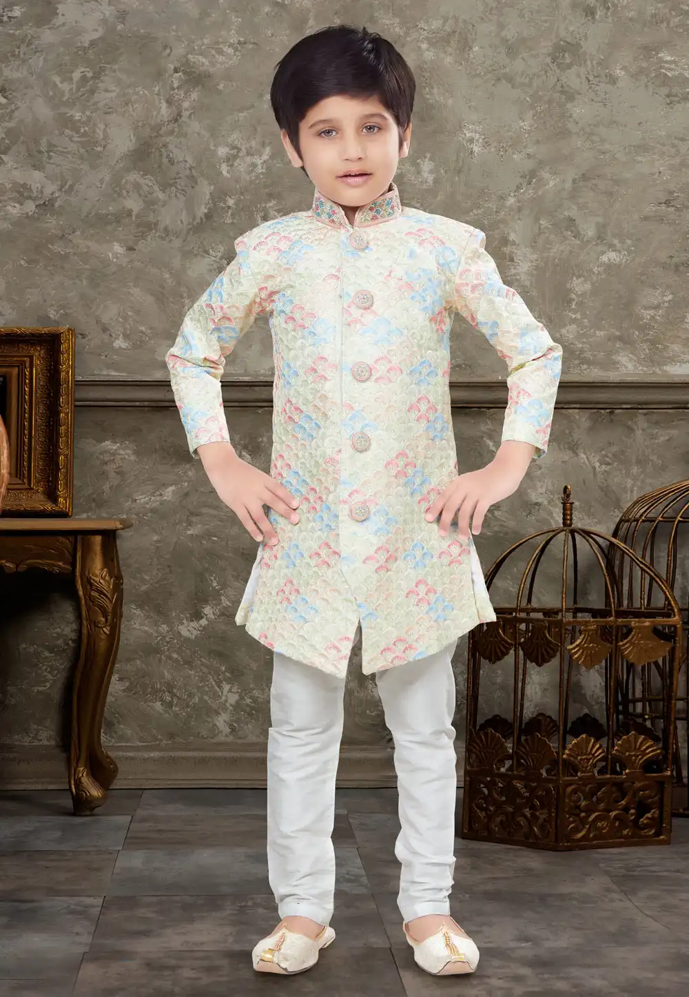 Cream Art Silk Kids Indo Western Sherwani 270983
