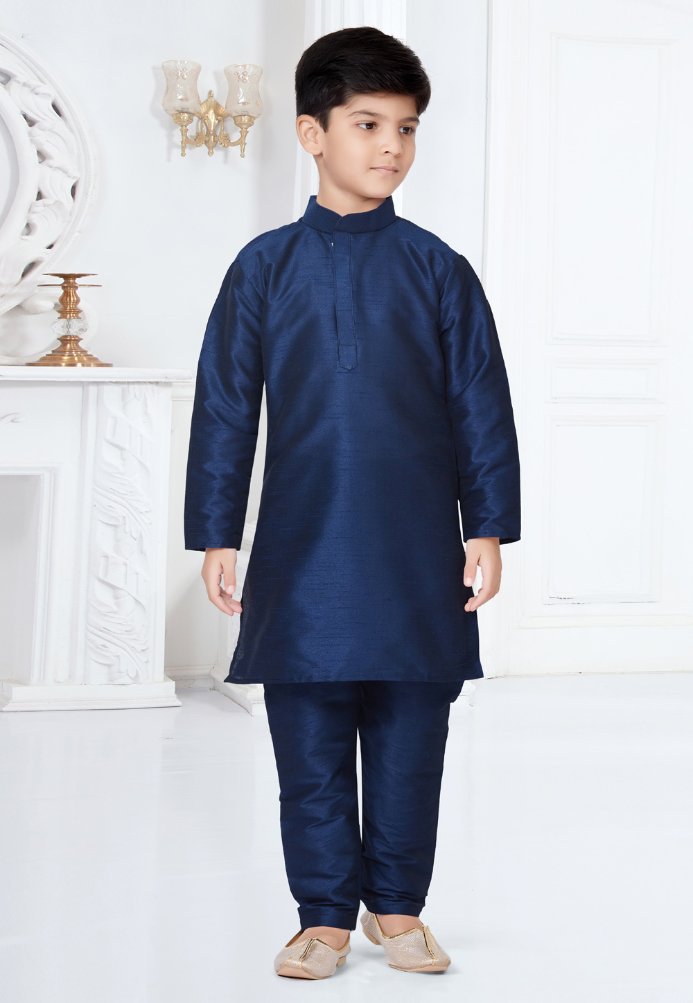 Navy Blue Silk Readymade Kids Kurta Pajama 252168