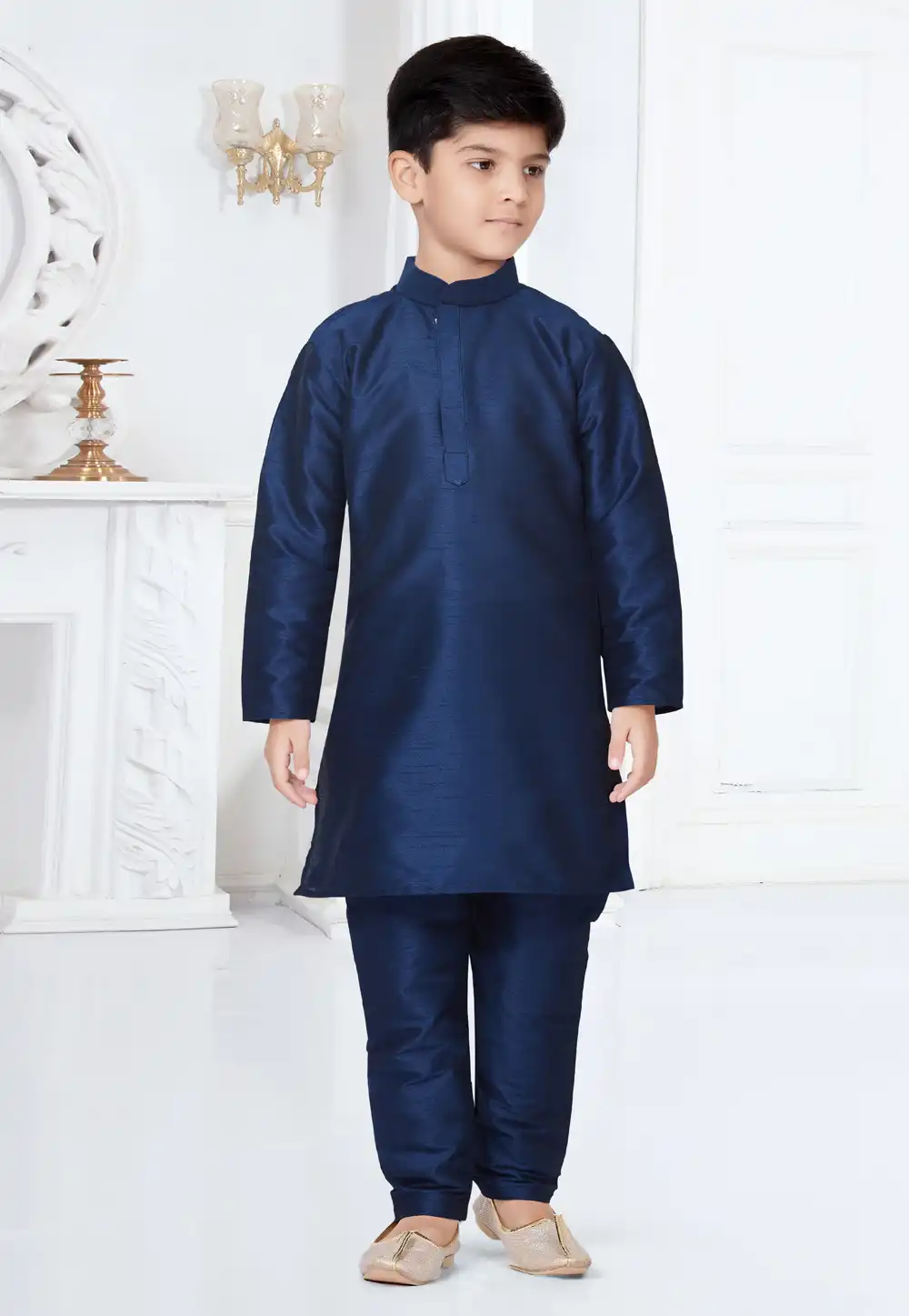 Navy Blue Silk Readymade Kids Kurta Pajama 252168